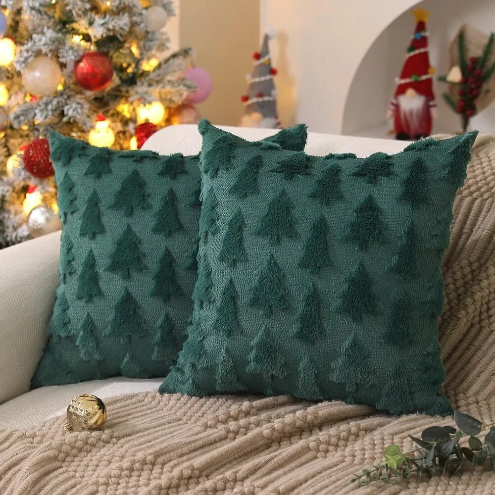 Soft Plush 18x18” Christmas Throw Pillow Covers - Green, Set of 2 for Cozy Decor